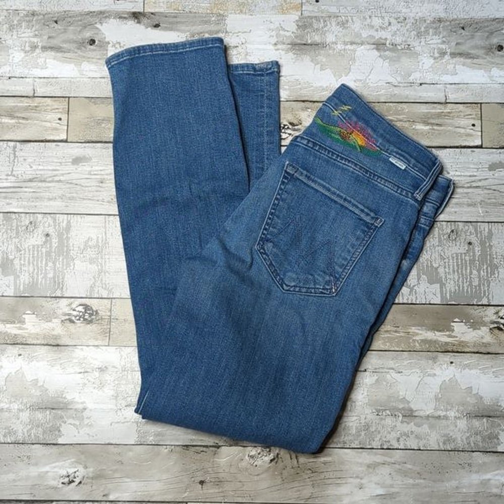 Mother denim the mid rise ankle I wet my plants embroidered bird sunrise floral